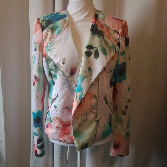 Piperlime White Pink Turquoise Multi Women’s Floral Moto Jacket M - Picture 1 of 11